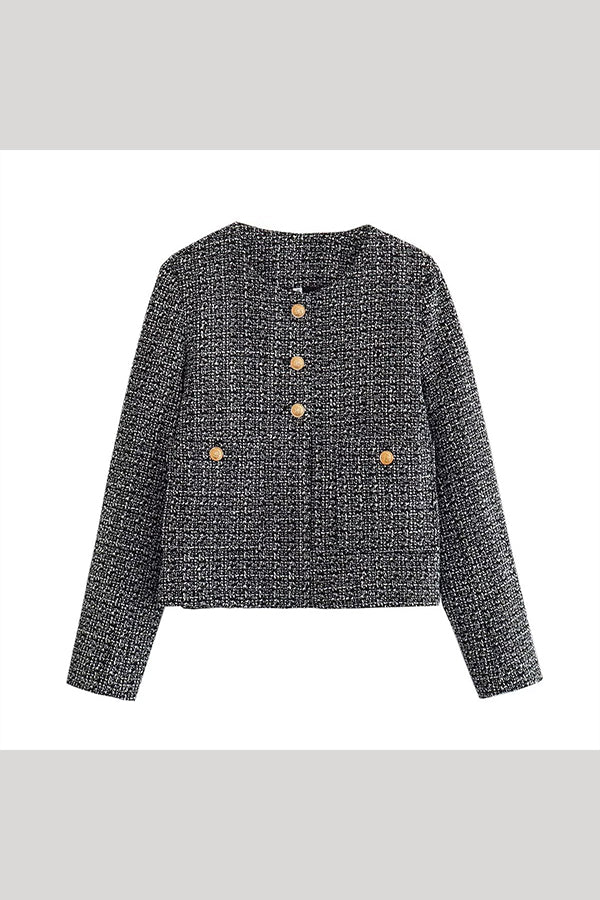 Cadence Grey speckled tweed jacket laid flat with gold buttons and patch pockets.