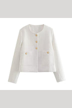 Cadence White cropped tweed jacket laid flat with gold buttons and patch pockets.