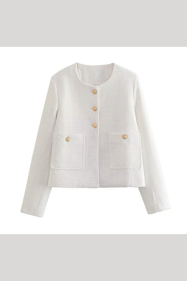 Cadence White cropped tweed jacket laid flat with gold buttons and patch pockets.