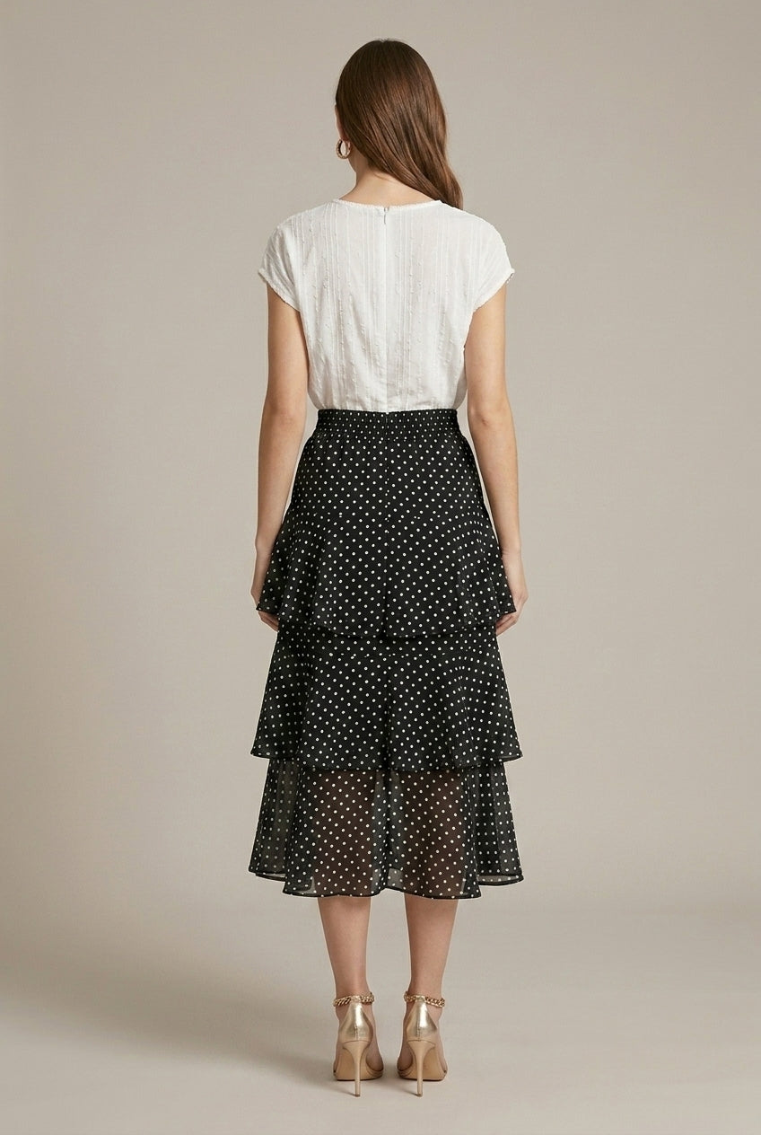 Camellia floral chiffon tiered midi skirt, back view