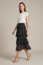 Camellia floral chiffon tiered midi skirt, Black Polka Dots