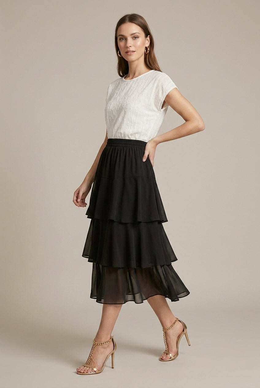 Camellia floral chiffon tiered midi skirt, Black