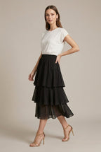 Camellia floral chiffon tiered midi skirt, Black