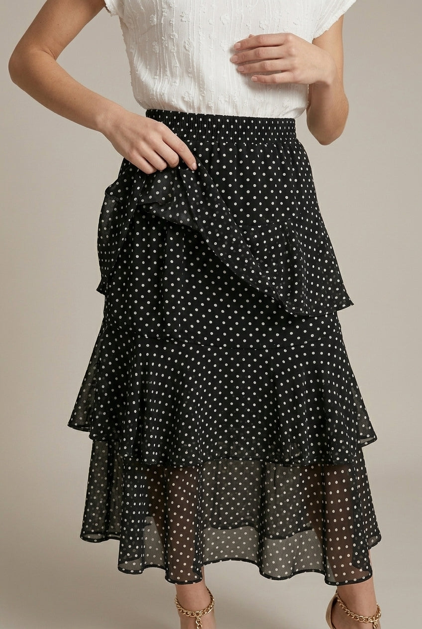Camellia floral chiffon tiered midi skirt, detail view