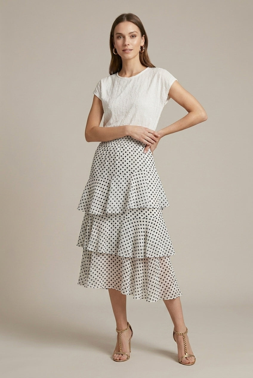 Camellia floral chiffon tiered midi skirt, White Polka Dots