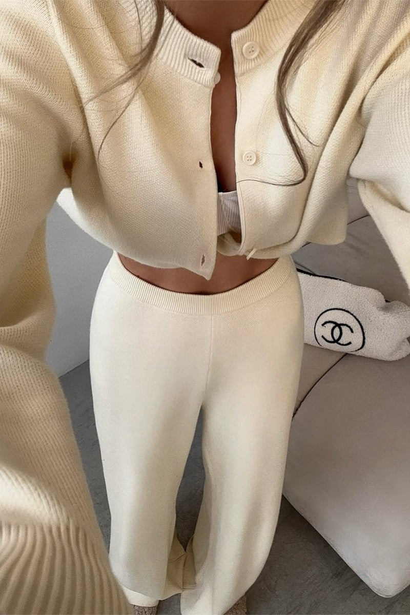 Camille Beige knit cardigan lounge set close-up highlighting the round neckline, button-front closure, long sleeves, and coordinated pants