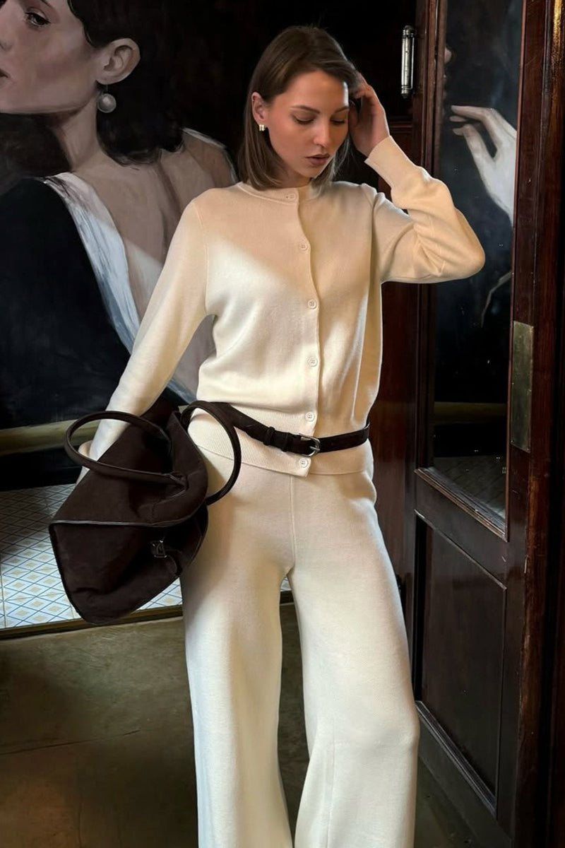 Camille Beige knit cardigan lounge set featuring a button-front round-neck cardigan with long sleeves and matching wide-leg pants