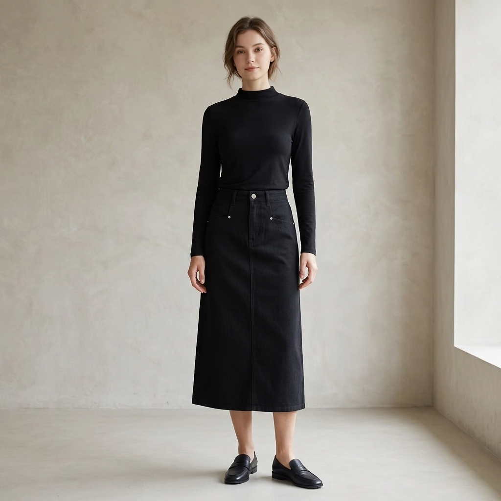Camille Black two-piece matching set with long-sleeve top and corduroy maxi skirt
