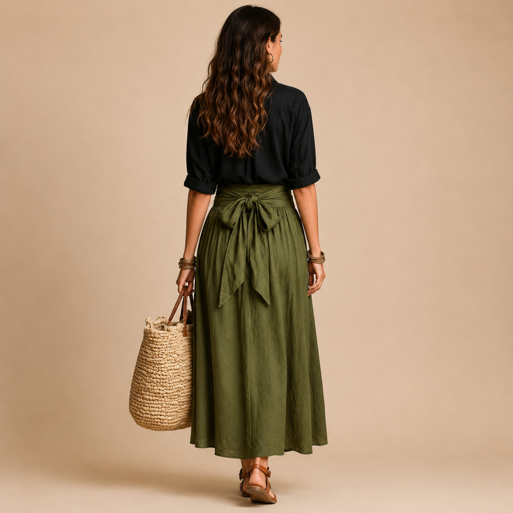 Back view of the Camille Blouse & Skirt Set Lightweight Linen showcasing the relaxed fit and elegant drape, designed by Bella Hudson.