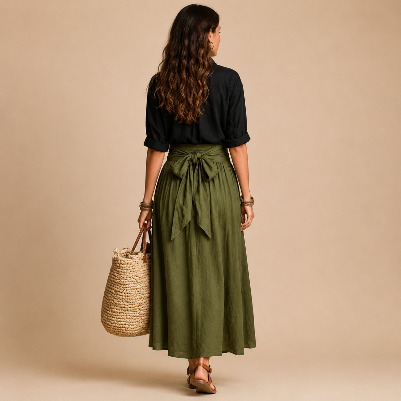 Back view of the Camille Blouse & Skirt Set Lightweight Linen showcasing the relaxed fit and elegant drape, designed by Bella Hudson.