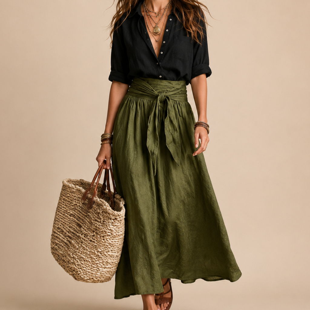 Close-up of the Camille Blouse & Skirt Set Lightweight Linen highlighting the soft linen texture, button blouse, and tie-waist details, designed by Bella Hudson.