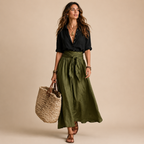 Front view of the Camille Blouse & Skirt Set Lightweight Linen featuring a sage blouse and flowing linen skirt for everyday elegance, designed by Bella Hudson.