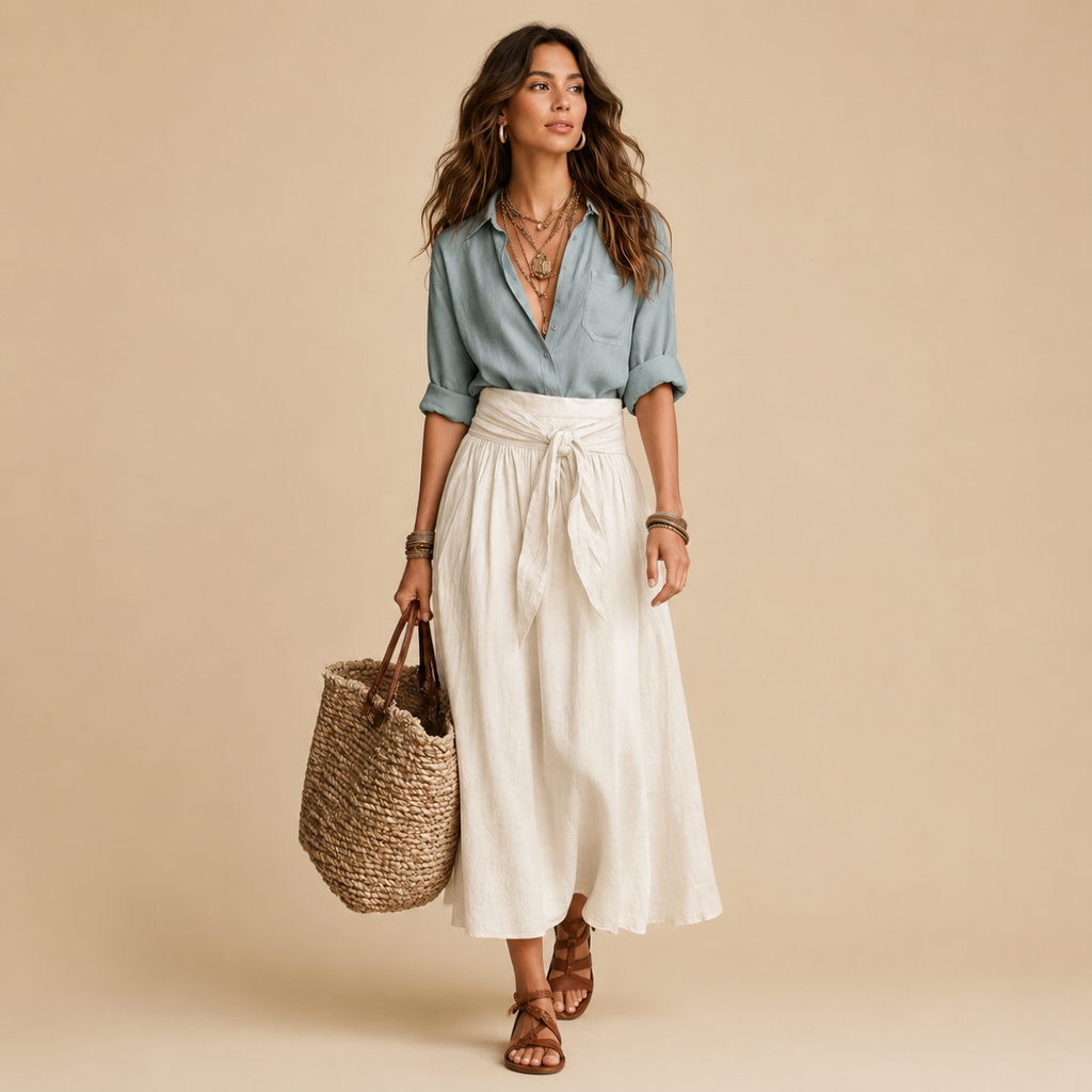 Camille Blouse & Skirt Set Lightweight Linen in sage blouse and gray skirt front view with relaxed silhouette and tie-waist design, designed by Bella Hudson.