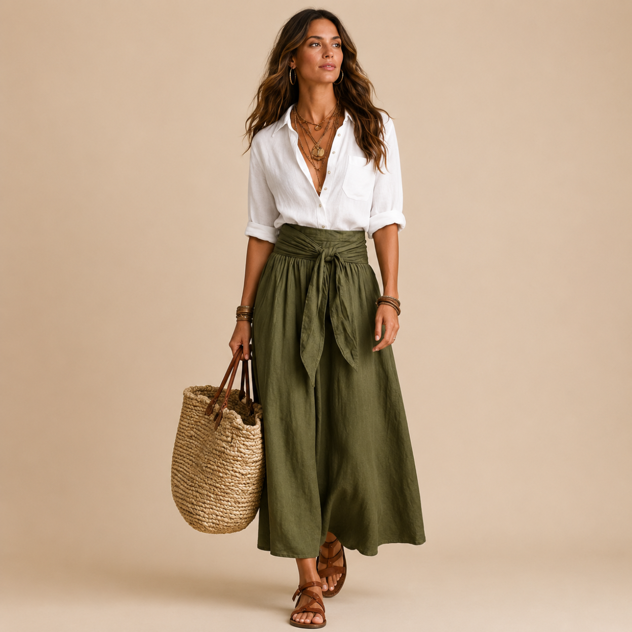 Camille Blouse & Skirt Set Lightweight Linen in sage blouse and olive green skirt front view with effortless boho styling, designed by Bella Hudson.