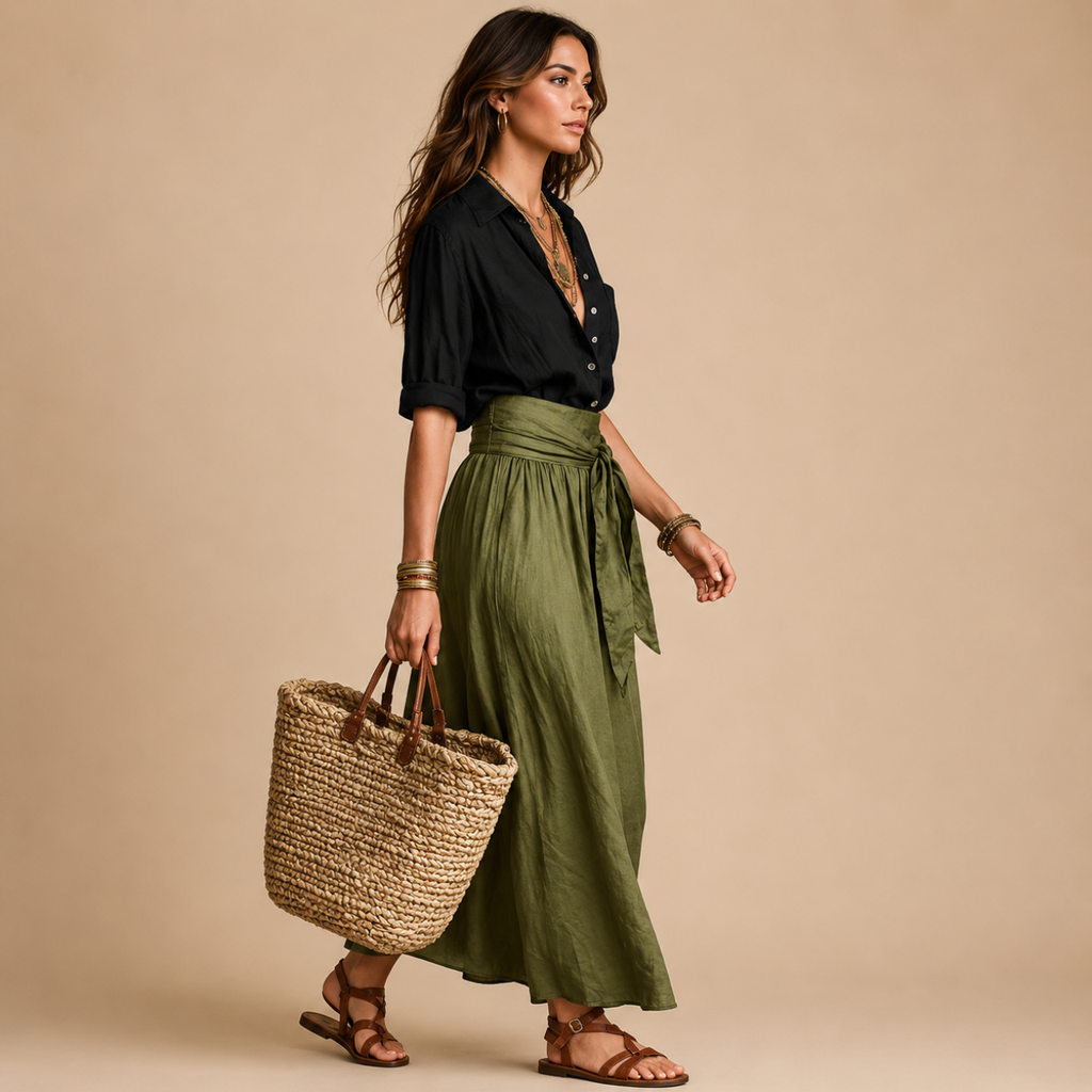 Side view of the Camille Blouse & Skirt Set Lightweight Linen featuring a sage blouse and flowing skirt with breathable linen fabric, designed by Bella Hudson.