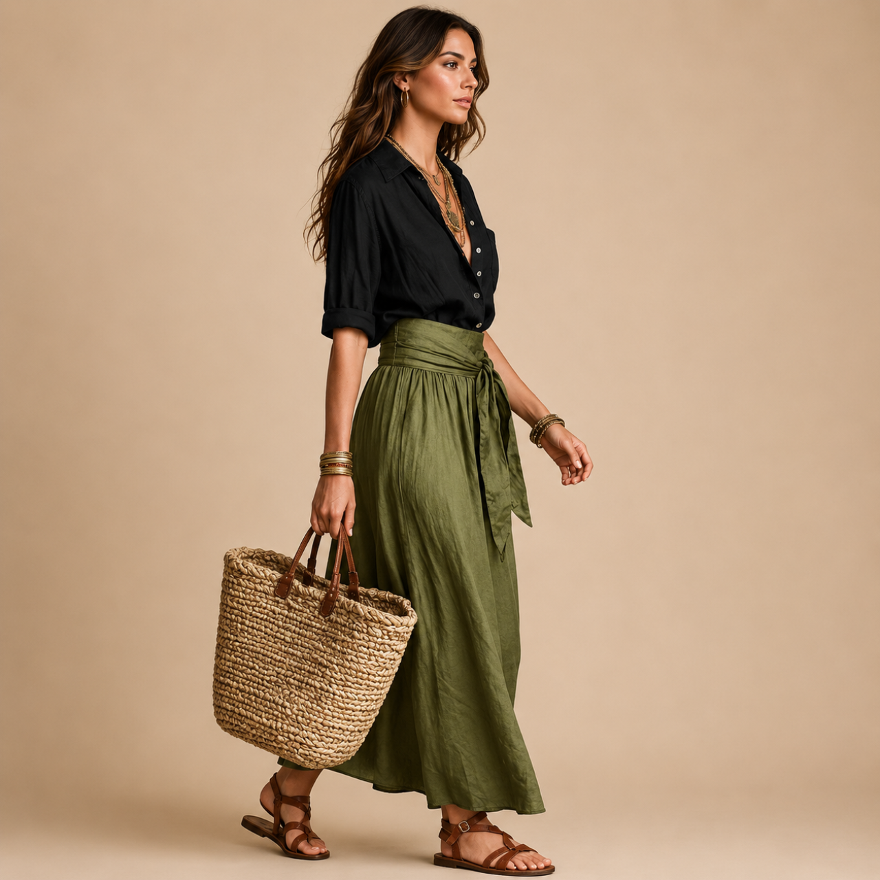 Side view of the Camille Blouse & Skirt Set Lightweight Linen featuring a sage blouse and flowing skirt with breathable linen fabric, designed by Bella Hudson.
