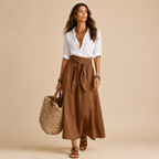 Camille Blouse & Skirt Set Lightweight Linen in sage blouse and white skirt front view with relaxed fit and tie-waist skirt, designed by Bella Hudson.