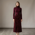 Camille Burgundy two-piece matching set with fitted long-sleeve top and corduroy maxi skirt