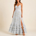Front view of the Camille Maxi Dress Floral-Print Ruffle Side-Slit in Blue, featuring a vibrant floral print, ruffle details, and elegant maxi silhouette. Designed by Bella Hudson.