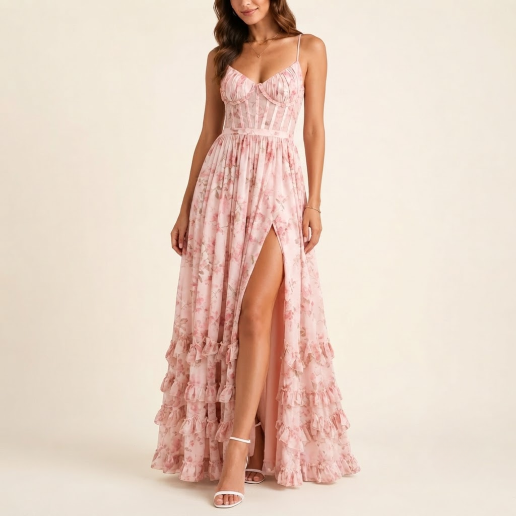 Front view of the Camille Maxi Dress Floral-Print Ruffle Side-Slit in Pink, featuring a vibrant floral print, ruffle details, and elegant maxi silhouette. Designed by Bella Hudson.