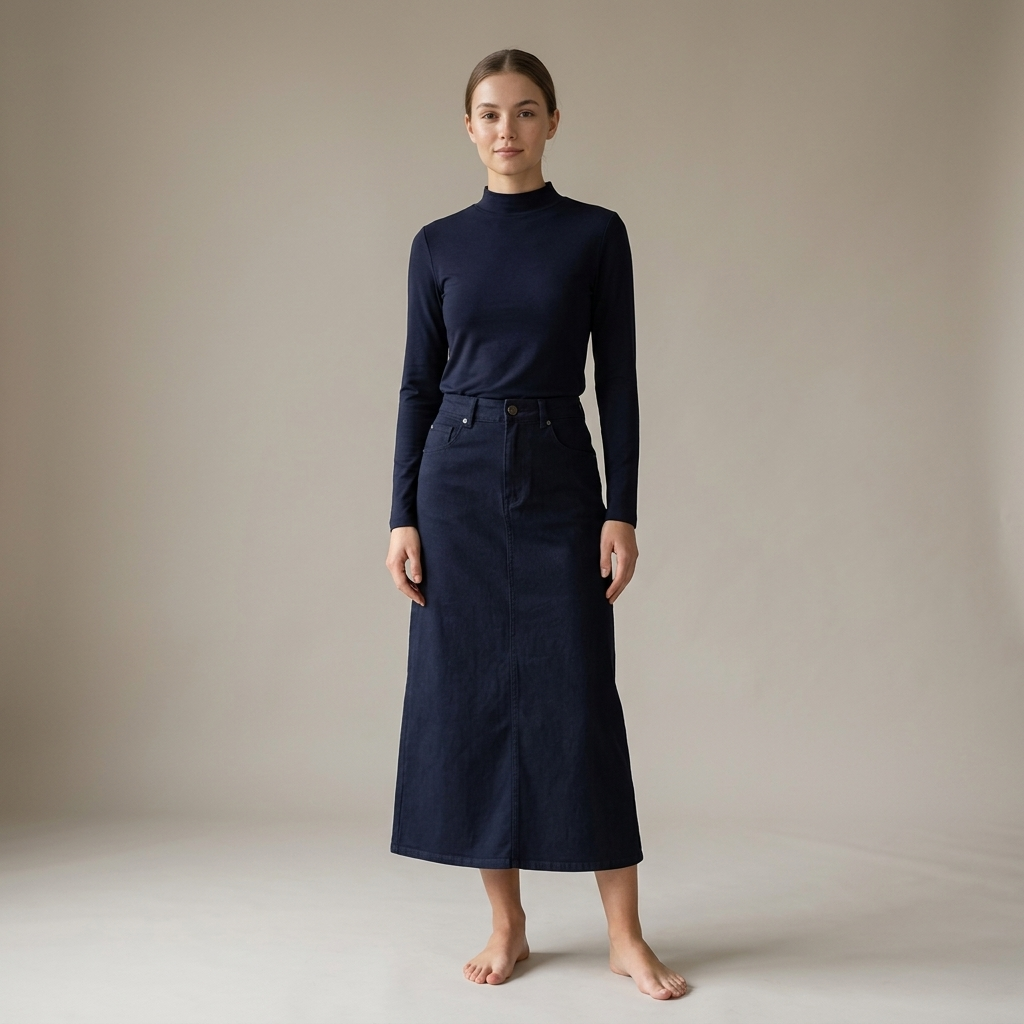 Camille Navy two-piece matching set with long-sleeve top and corduroy maxi skirt