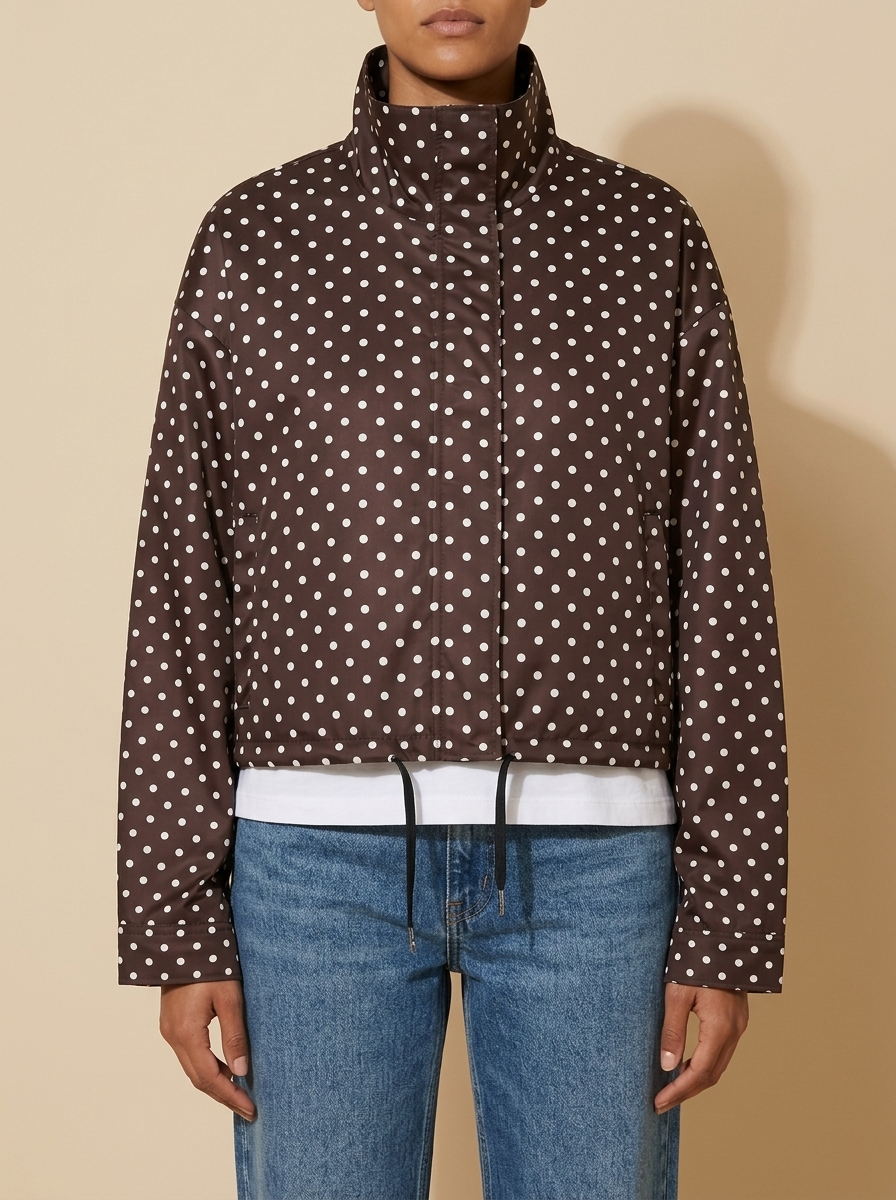 Front view of the brown Camille Polka-Dot High-Neck Bomber Jacket for Women featuring a zip-through front, high neck, and dot print.