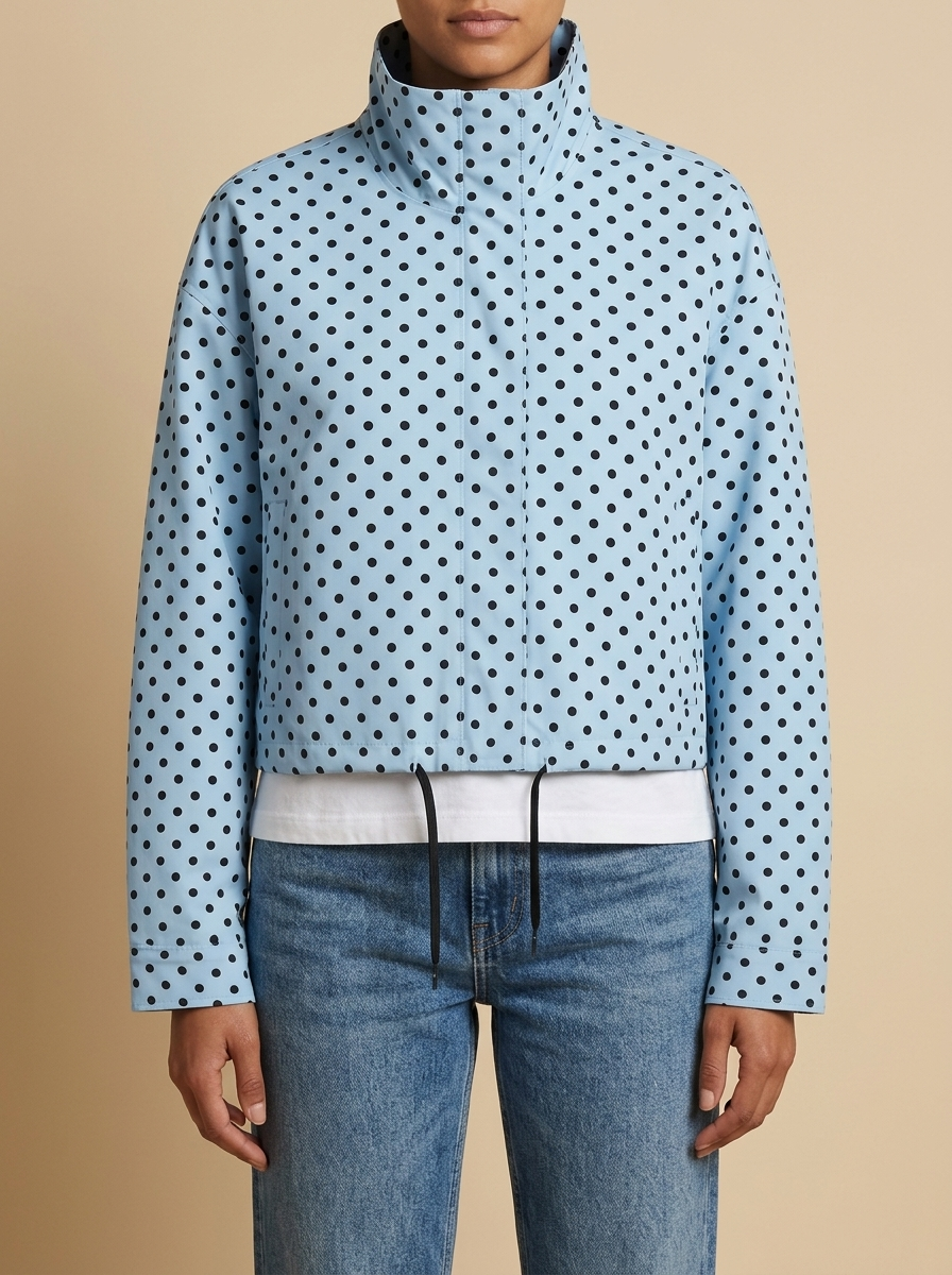 Front view of the light blue Camille Polka-Dot High-Neck Bomber Jacket for Women featuring a high neck, long sleeves, and dot print.