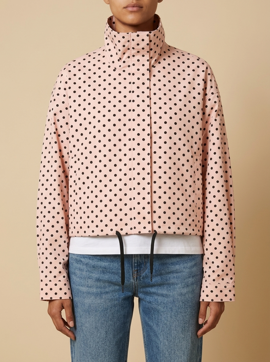 Front view of the pink Camille Polka-Dot High-Neck Bomber Jacket for Women featuring a zip-through front, high neck, and dot print.