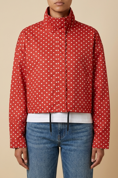 Front view of the red Camille Polka-Dot High-Neck Bomber Jacket for Women featuring a high neck, long sleeves, and dot print.
