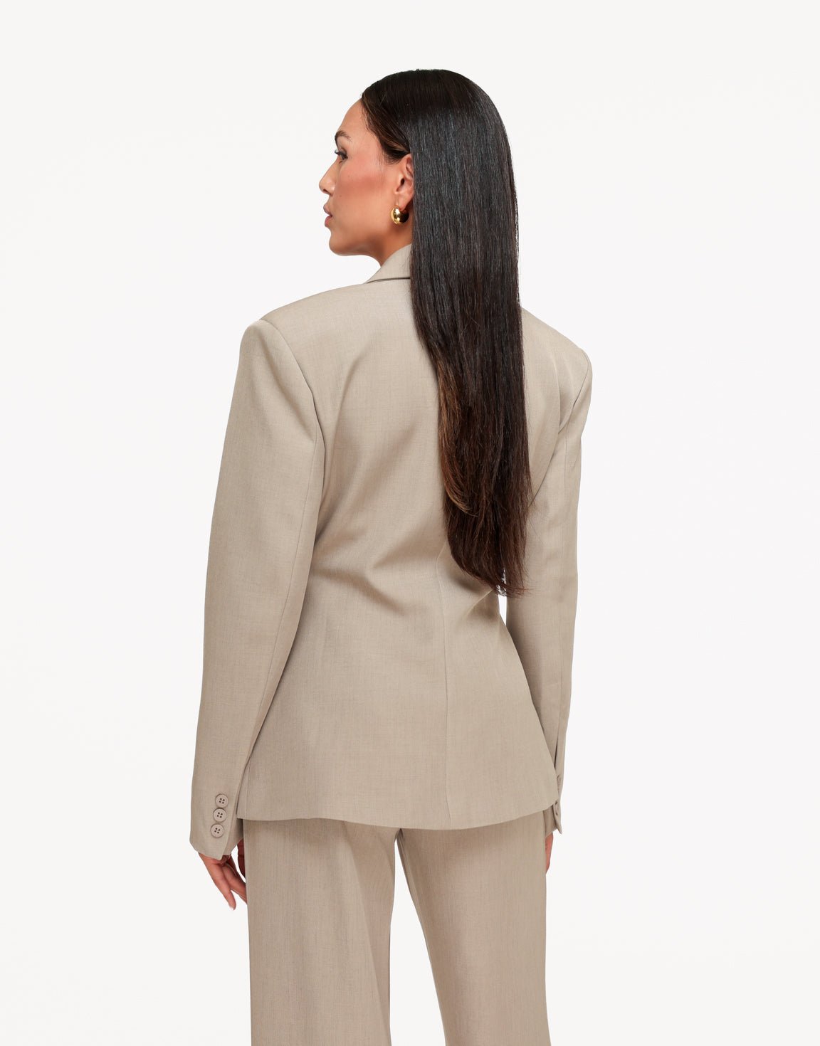 Camille Taupe blazer shown from the back with structured shoulders and buttoned sleeve cuffs.