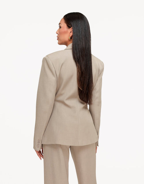 Camille Taupe blazer shown from the back with structured shoulders and buttoned sleeve cuffs.