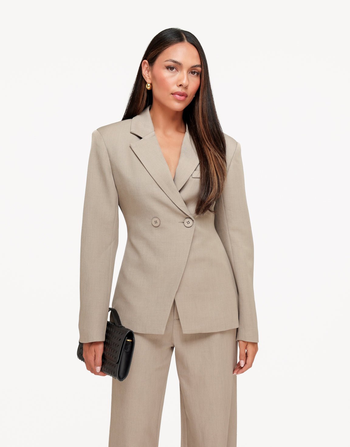 Camille Taupe double-breasted blazer shown from the front with notched lapels, two buttons and a fitted waist.