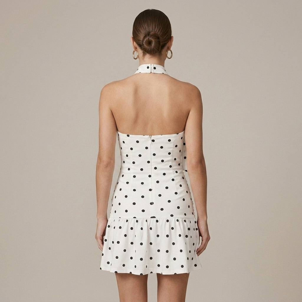 Camryn evening halter drop-waist mini dress, back view