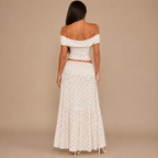 Back view of the Candice Polka Dot Skirt and Off-the-Shoulder Top Set with matching polka dot design. Designed by Bella Hudson.