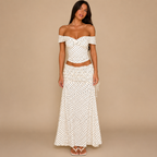 Candice Polka Dot Skirt and Off-the-Shoulder Top Set shown from the front with matching polka dot top and maxi skirt. Designed by Bella Hudson.