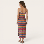 Back view of the Cassia Maxi Dress Knit Striped Cami Side-Slit in pink, highlighting the sleeveless cami design, colorful striped knit pattern, and flattering maxi silhouette. Designed by Bella Hudson.