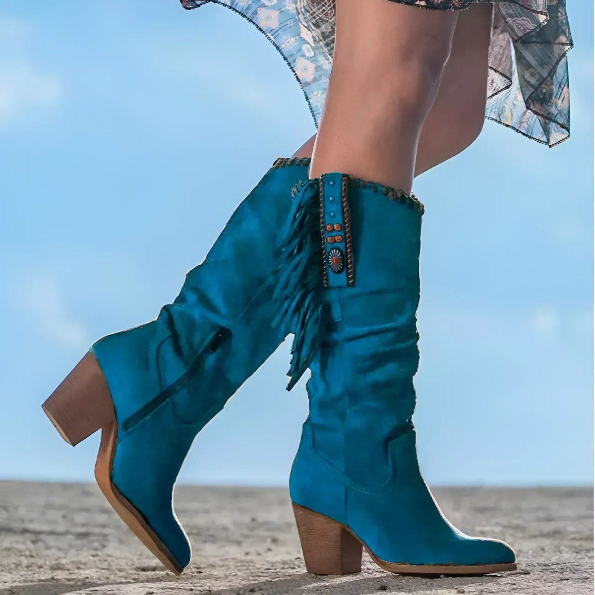 Cassidy Fringe Suede Western Boots, Blue