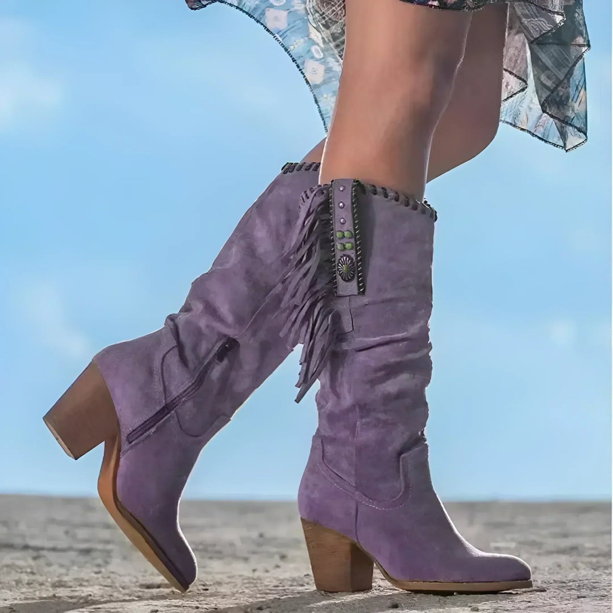 Cassidy Fringe Suede Western Boots, Purple