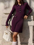 Celine Purple ribbed knit mini dress with fitted waist, decorative front flaps, and contrast trim