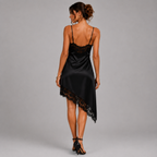 Back view of Celine Chic Satin Lace Spliced Short Sling Dress in Black featuring satin fabric and lace trim, design by Bella Hudson