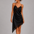 Celine Chic Satin Lace Spliced Short Sling Dress in Black with satin finish, lace trim, and asymmetrical hem, design by Bella Hudson