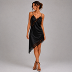 Celine Chic Satin Lace Spliced Short Sling Dress in Black with satin finish, lace trim, and asymmetrical hem , designed by Bella Hudson