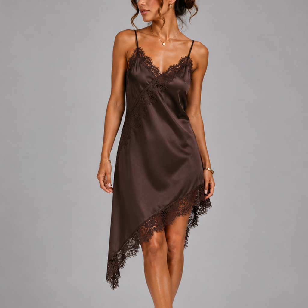 Celine Chic Satin Lace Spliced Short Sling Dress in Brown with satin finish, lace trim, and asymmetrical hem, designed by Bella Hudson