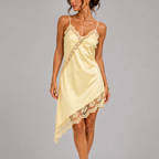 Celine Chic Satin Lace Spliced Short Sling Dress in Light Yellow with satin finish, lace trim, and asymmetrical hem, designed by Bella Hudson