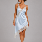 Celine Chic Satin Lace Spliced Short Sling Dress in Sky Blue with satin finish, lace trim, and asymmetrical hem, designed by Bella Hudson