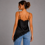 Back view of black satin lace V-neck sleeveless top with asymmetrical hem and lace trim by BELLA HUDSON