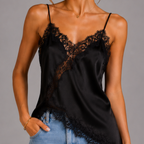 Detailed view of black satin lace V-neck sleeveless top with asymmetrical hem and lace trim by BELLA HUDSON