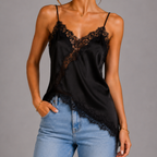 Front view of black satin lace V-neck sleeveless top with asymmetrical hem design by BELLA HUDSON