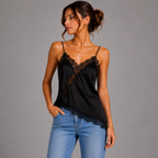 Side view of black satin lace V-neck sleeveless top with asymmetrical hem design by BELLA HUDSON