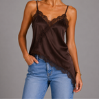 Front view of brown satin lace V-neck sleeveless top with asymmetrical hem design by BELLA HUDSON